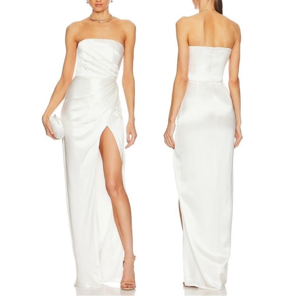 Sau Lee Priyanka Strapless Gown Maxi Dress Satin Ruched Side Slit Bridal Ivory 2